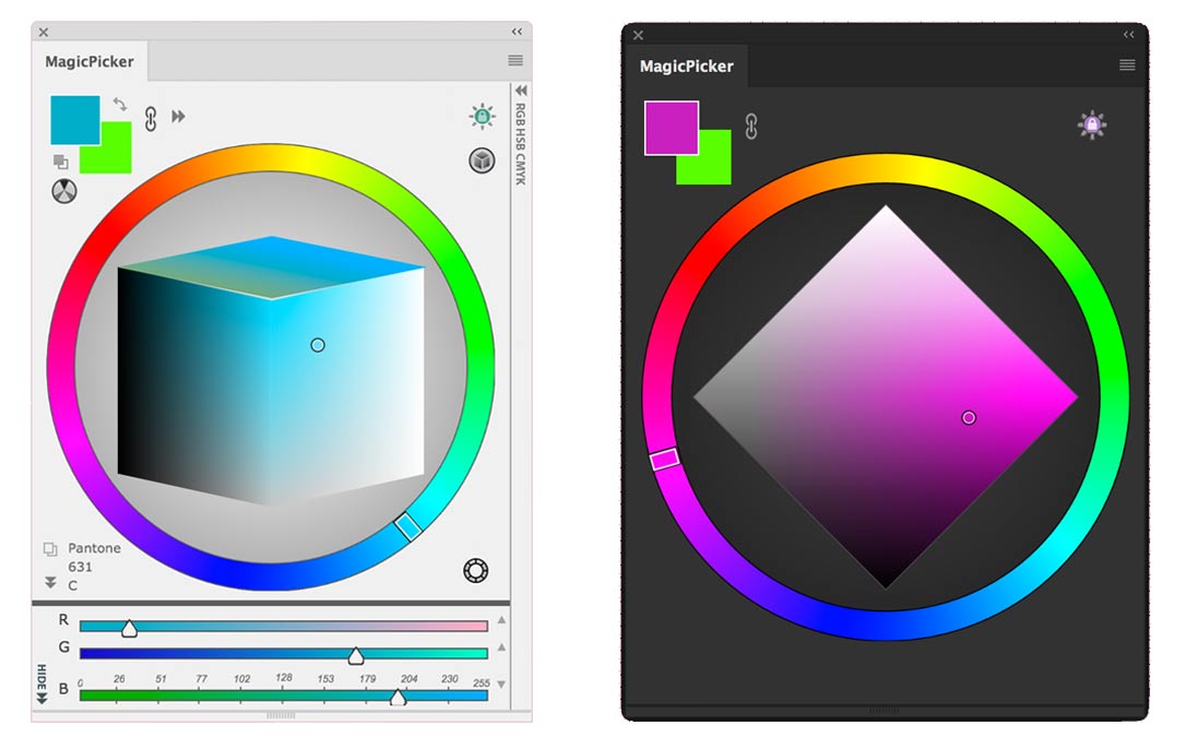 MagicPicker: LDT Cube Color Picker and PRO Mode MagicPicker: LDT Cube Color Picker (left) and PRO Mode (right)