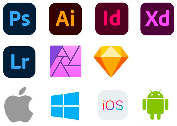 Photoshop, Illustrator, InDesign, XD, Lightroom, Affinity Photo, Sketch, macOS, Windows, iOS, Android Photoshop, Illustrator, InDesign, XD, Lightroom, Affinity Photo, Sketch, macOS, Windows, iOS, Android