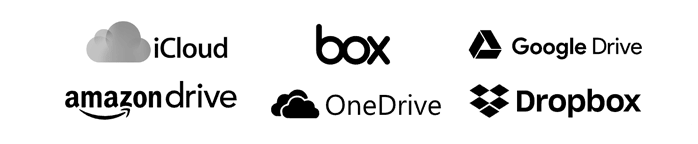 iCloud, Box, Google Drive, Amazon Drive, OneDrive, Dropbox iCloud, Box, Google Drive, Amazon Drive, OneDrive, Dropbox